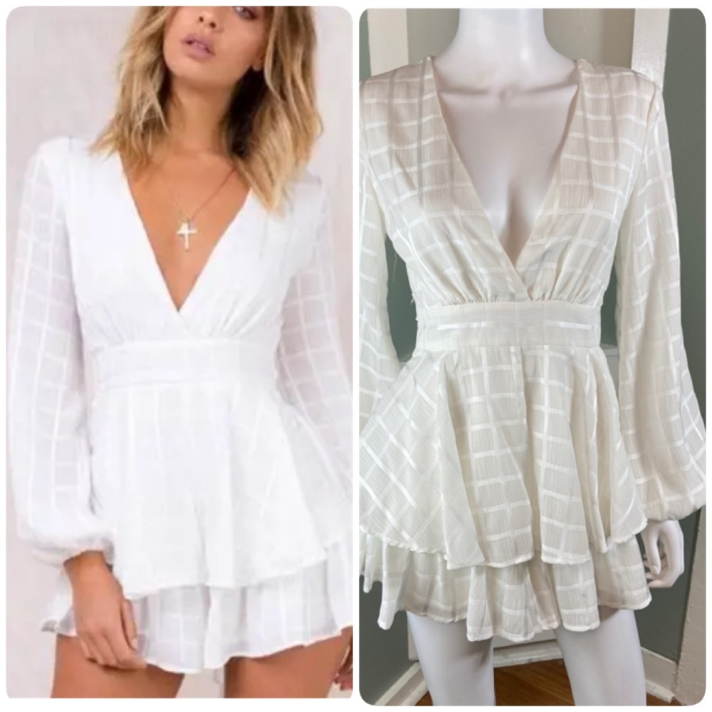 Polly Dear Diamonds Playsuit White Deep V Romper Mini Dress Sz 4 Sheer Plaid